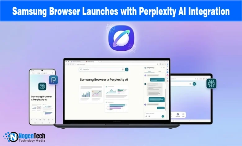 Samsung Internet and Perplexity AI logos on a blue background, announcing the browser's Windows launch