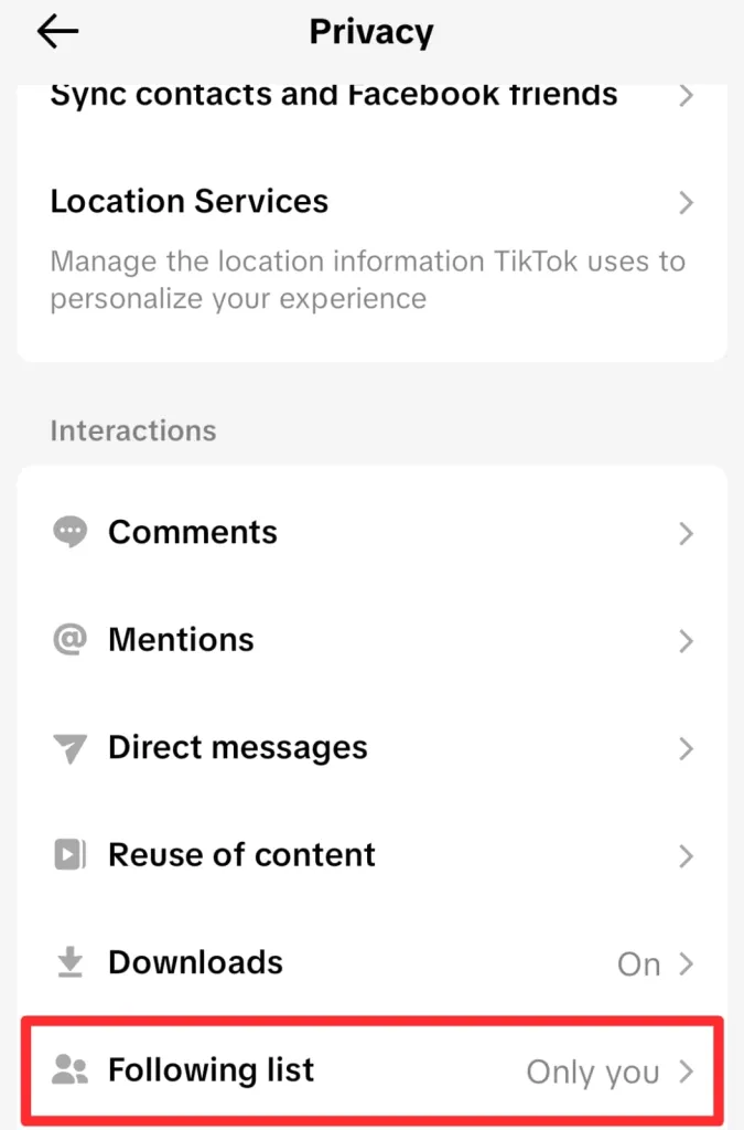 Scroll down to the Interactions section and tap Following List.