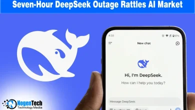 DeepSeek whale logo and a smartphone showing the AI chat interface on a blue background.