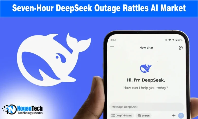 DeepSeek whale logo and a smartphone showing the AI chat interface on a blue background.