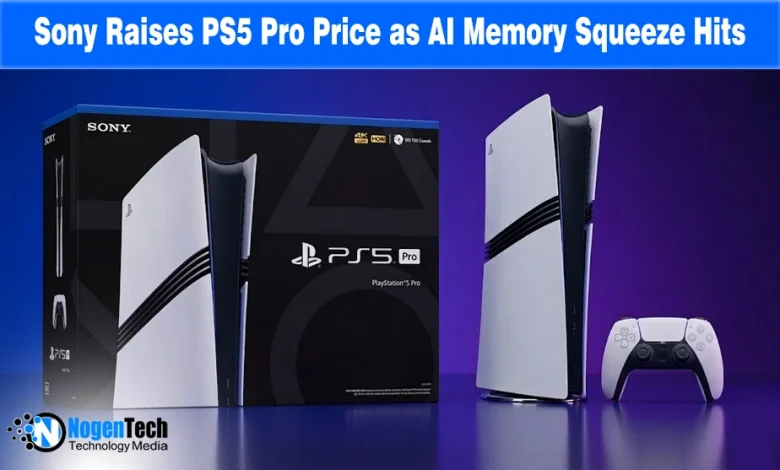 PS5 Pro console and retail box on a purple background with a news headline about the price increase