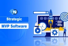 Illustration of a rocket launching from a computer screen, representing Strategic MVP software development on a blue background.