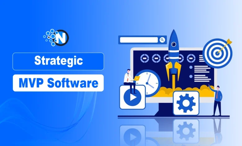 Illustration of a rocket launching from a computer screen, representing Strategic MVP software development on a blue background.