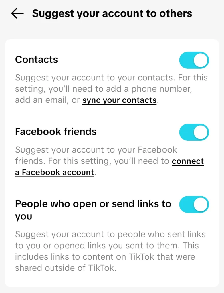 You can turn off the options, which include your Contacts, Facebook friends, and People who open and send you links.