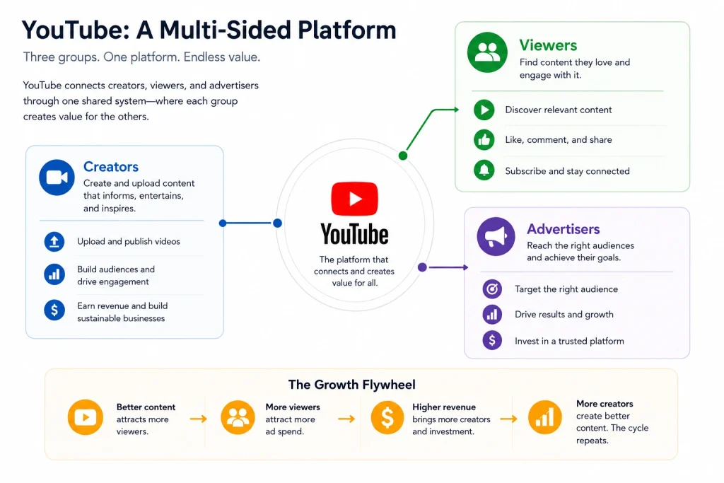 A clean infographic showing YouTube as a multi-sided digital platform, with creators, viewers, and advertisers connected through the platform. It also illustrates the growth cycle in which better content attracts viewers, viewers drive advertising demand, and revenue supports more creators and content.