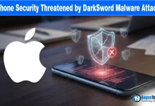 Graphic of a digital sword striking an iPhone, representing the DarkSword security vulnerability and the threat to millions of iOS users.