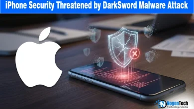 Graphic of a digital sword striking an iPhone, representing the DarkSword security vulnerability and the threat to millions of iOS users.