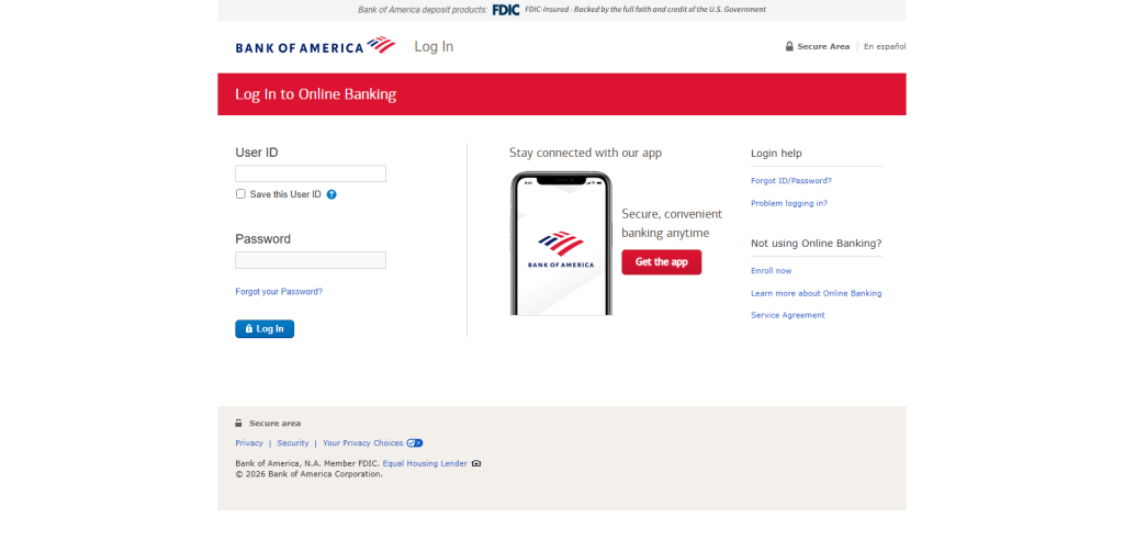 Webpage of bank of america mobile banking screenshot by nogenTech