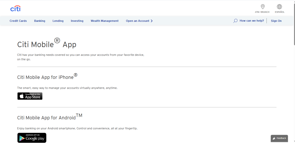 Screenshot of Citi Mobile webpage by Nogentech.org