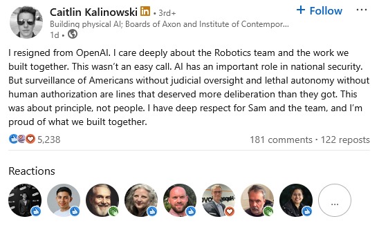 Screenshot of linked In post of caitlin Kalinowski by NogenTech
