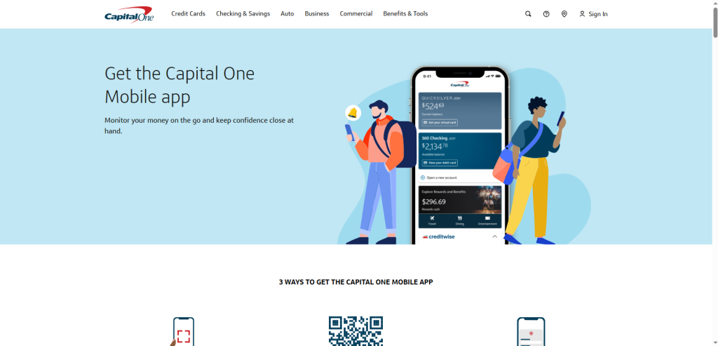 Screenshot of Capital One Mobile app download options on webpage by NogenTech.org