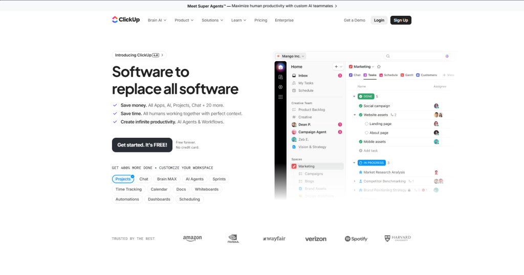 Screenshot of ClickUp's Homepage by NogenTech
