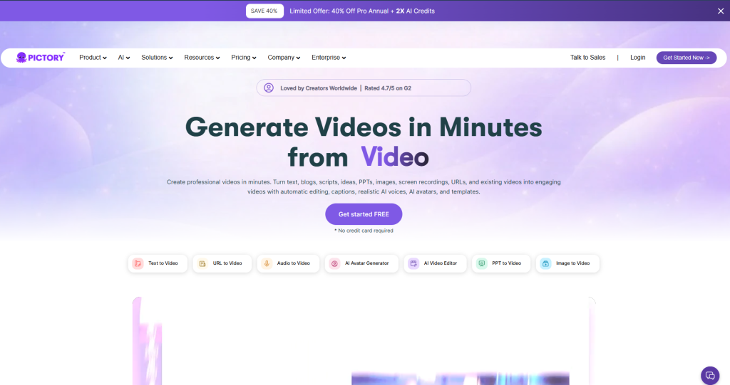 Screenshot of Pictory's Homepage by NogenTech