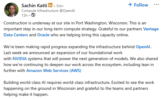 Sachin Katti's Official LinkedIn Post Regarding OpenAI Infrastructure Expansion