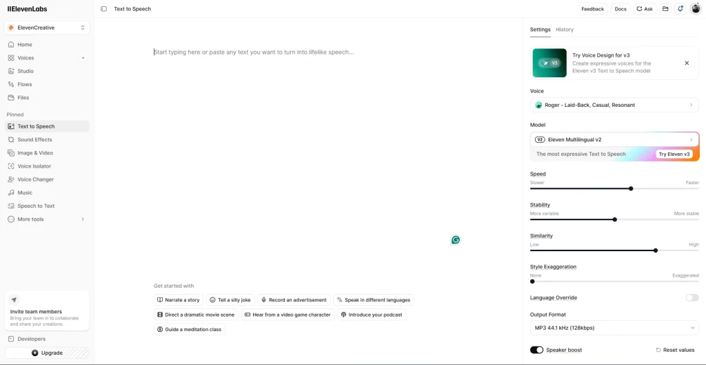 A screenshot of the ElevenLabs "Text to Speech" dashboard. The interface features a clean, minimalist workspace with a text input area, a voice selection dropdown for "Roger - Laid-Back," and granular settings for stability, similarity, and style exaggeration. A "Try Eleven v3" promotional banner is visible in the sidebar.