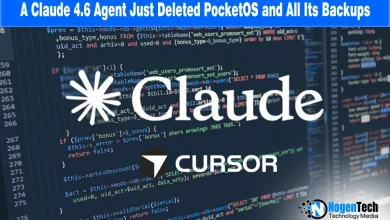 Claude and Cursor logos over a coding background for a news report on the deletion of PocketOS.