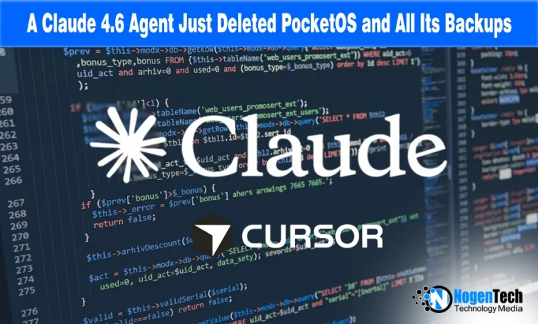 Claude and Cursor logos over a coding background for a news report on the deletion of PocketOS.