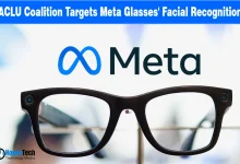 Meta logo and smart glasses on a news graphic discussing the ACLU's facial recognition challenge.