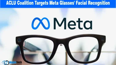 Meta logo and smart glasses on a news graphic discussing the ACLU's facial recognition challenge.