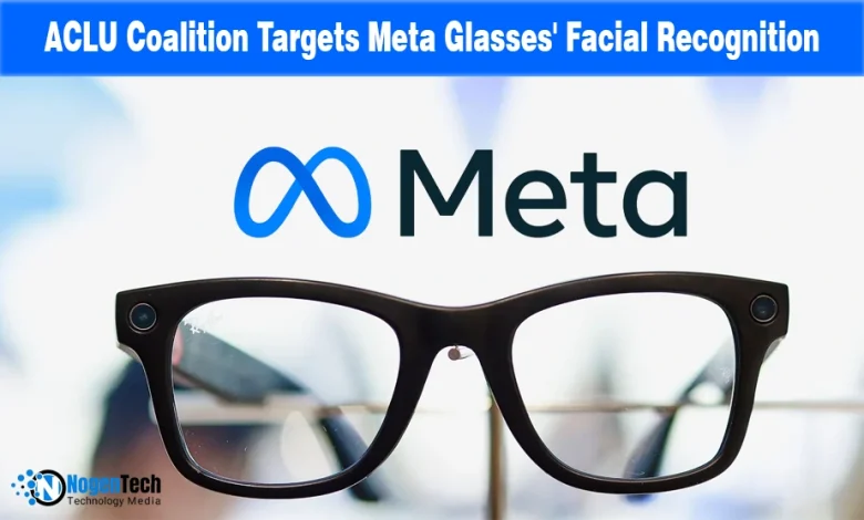 Meta logo and smart glasses on a news graphic discussing the ACLU's facial recognition challenge.