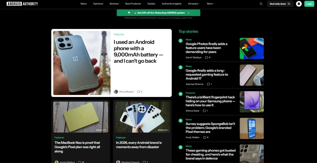 Android Authority home page screenshot by nogenTech