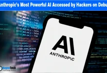 Anthropic AI logo on a mobile device with a digital hacking code background for a news report.