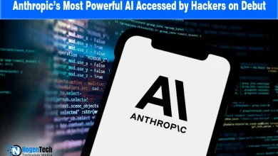 Anthropic AI logo on a mobile device with a digital hacking code background for a news report.