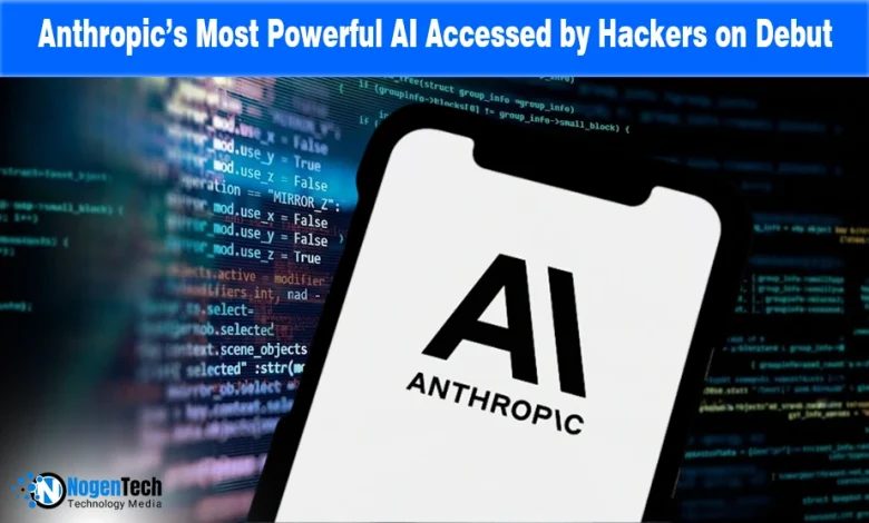 Anthropic AI logo on a mobile device with a digital hacking code background for a news report.