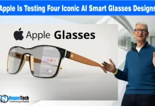 Graphic of a person wearing smart glasses next to the Apple logo for a news report.