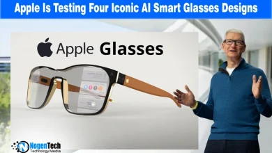 Graphic of a person wearing smart glasses next to the Apple logo for a news report.