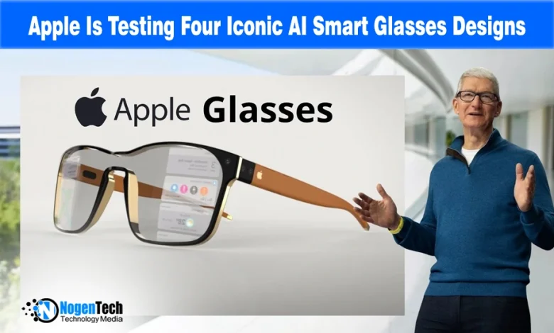 Graphic of a person wearing smart glasses next to the Apple logo for a news report.