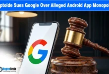 A Google logo on a phone screen and a judge's gavel on a news graphic.