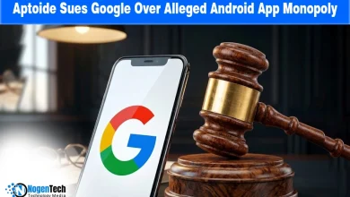 A Google logo on a phone screen and a judge's gavel on a news graphic.