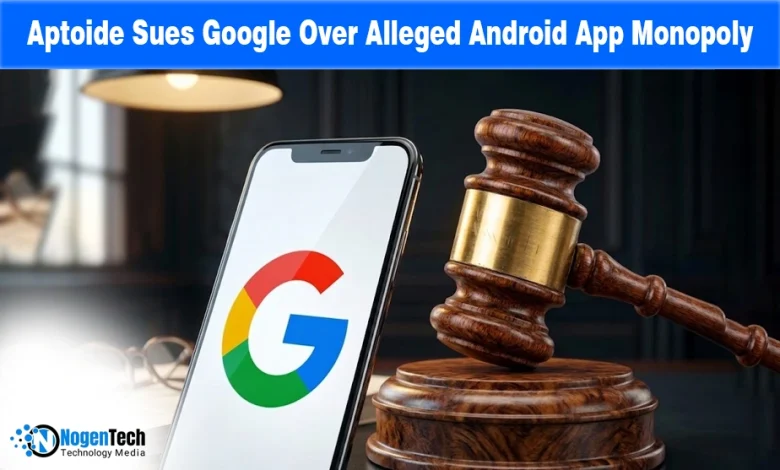 A Google logo on a phone screen and a judge's gavel on a news graphic.