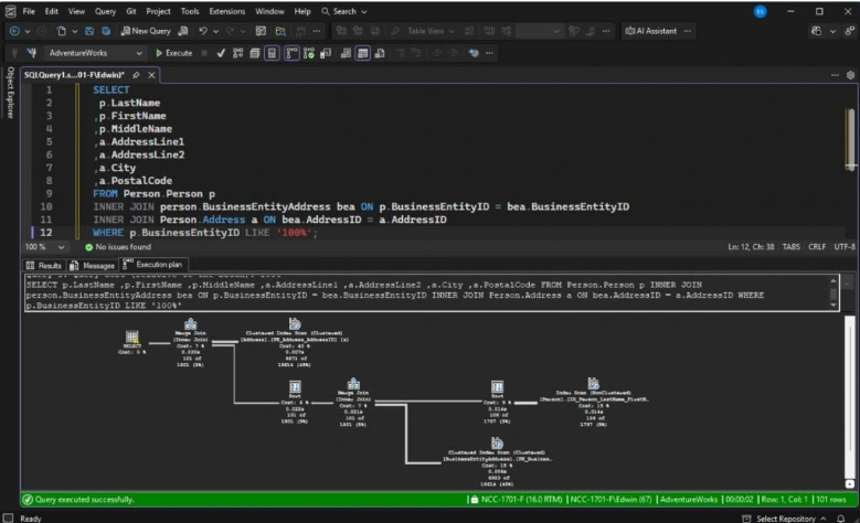 Below is a sample query with an actual execution plan. There’s a warning in SELECT and 2 expensive clustered index scans