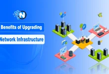 Modern business network infrastructure upgrade with servers, cloud icons, and secure connections