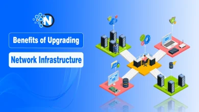 Modern business network infrastructure upgrade with servers, cloud icons, and secure connections