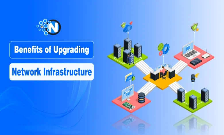 Modern business network infrastructure upgrade with servers, cloud icons, and secure connections