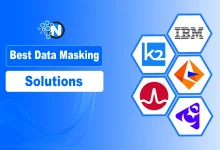 Best data masking solutions illustration featuring logos of K2view, IBM, Broadcom, Informatica, and Perforce Delphix on a blue gradient background