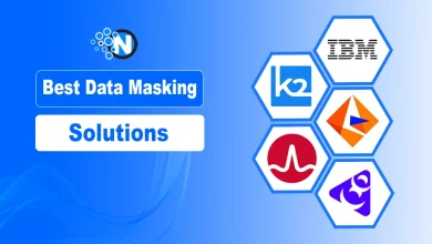 Best data masking solutions illustration featuring logos of K2view, IBM, Broadcom, Informatica, and Perforce Delphix on a blue gradient background
