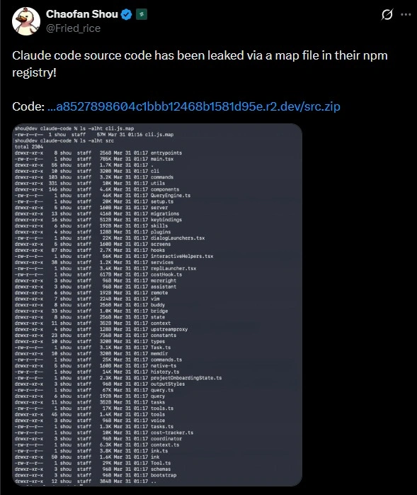 Chaofan Shou X Post Revealing the Claude Code Leak screenshot by NogenTech.org