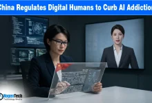 Digital human avatar on a screen and a person using a transparent tablet for a news story on AI regulation.