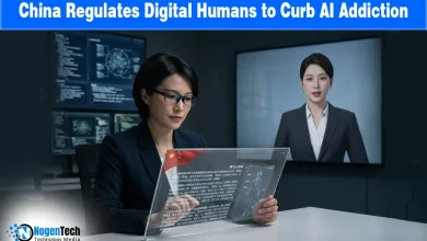 Digital human avatar on a screen and a person using a transparent tablet for a news story on AI regulation.