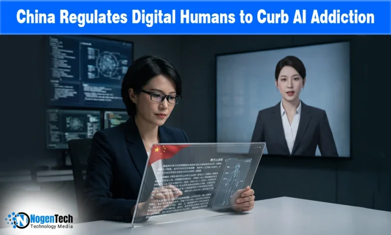 Digital human avatar on a screen and a person using a transparent tablet for a news story on AI regulation.
