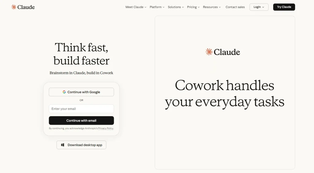 Screenshot of Claude's homepage by NogenTech