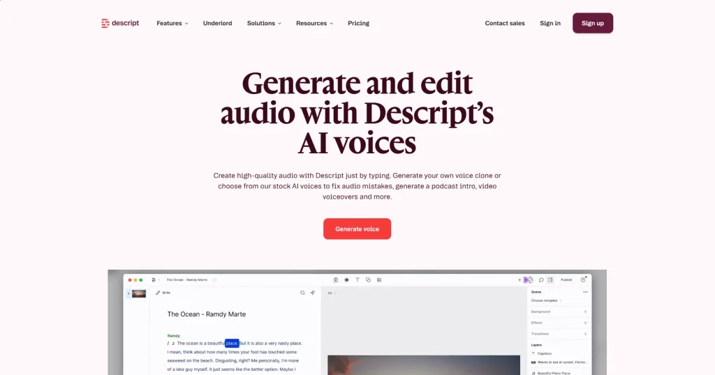 The homepage for Descript AI voices, featuring the headline "Generate and edit audio with Descript’s AI voices." Below the text is a preview of the video/audio editing timeline where users can edit speech by typing and a bright red "Generate voice" call-to-action button.