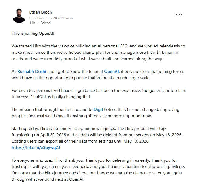 Ethan Bloch LinkedIn Post
