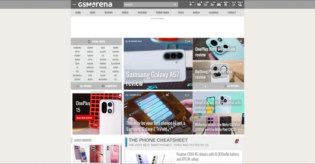 GSMArena home page screenshot by NogenTech