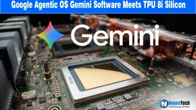 Close-up of Google TPU 8i AI chips on a motherboard with the Gemini logo for a technical report on nogentech.org.