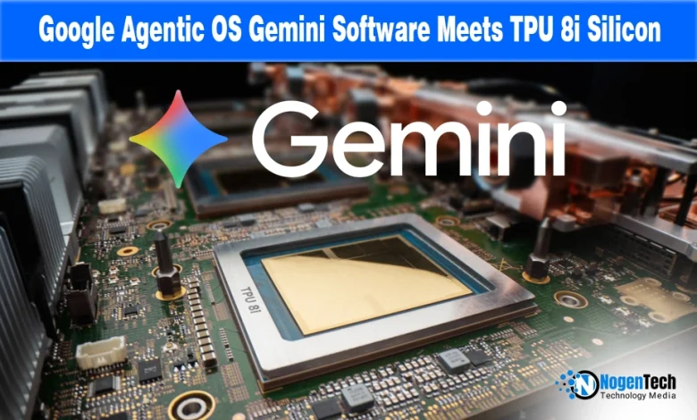 Close-up of Google TPU 8i AI chips on a motherboard with the Gemini logo for a technical report on nogentech.org.